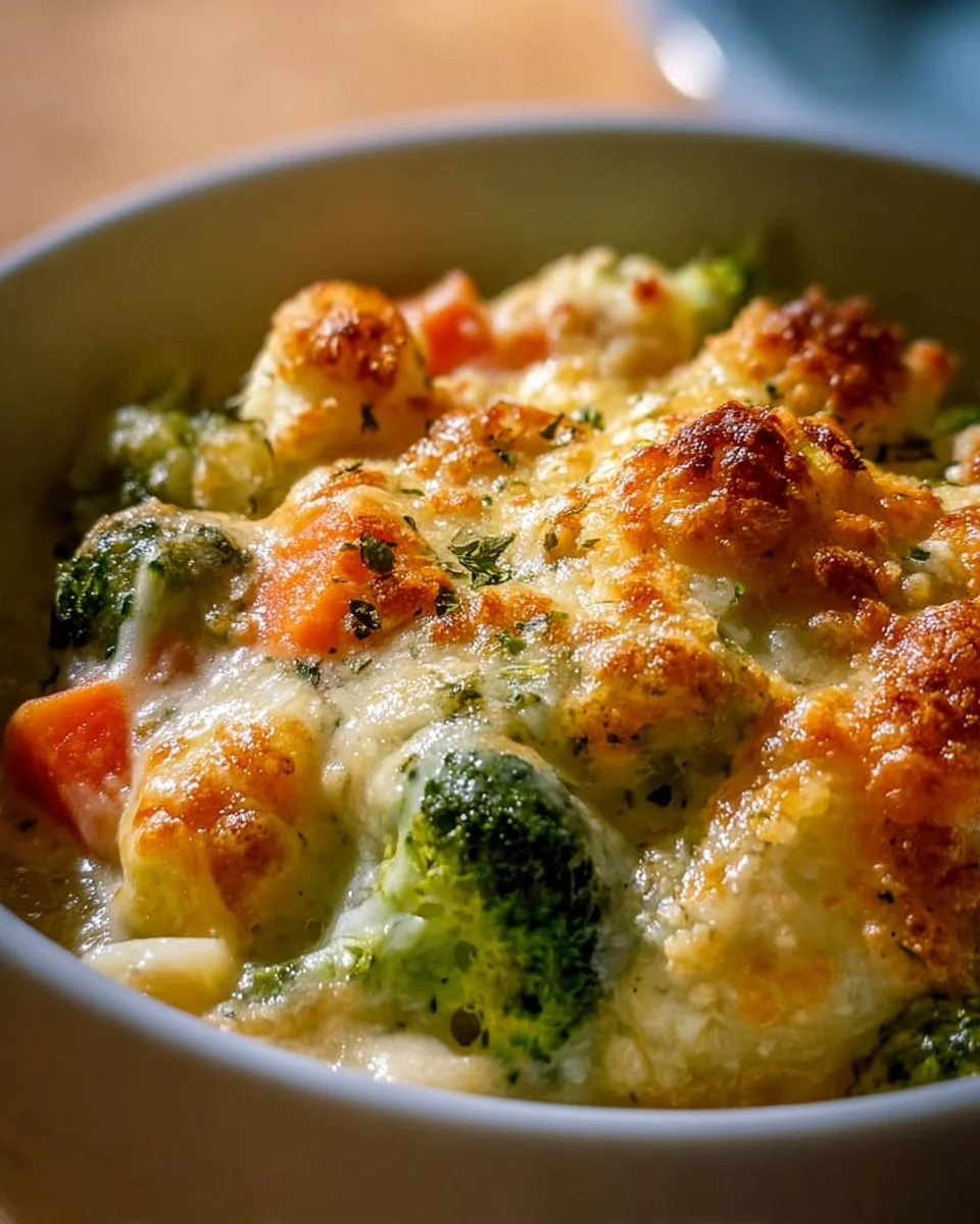 Creamy winter vegetable casserole with colorful veggies in a baking dish
