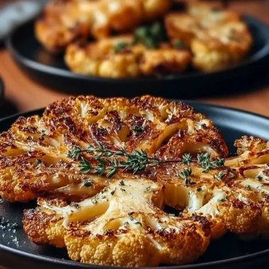 Crispy baked cauliflower steaks served on a plate with herbs and spices.
