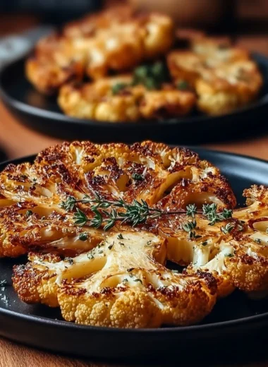 Crispy baked cauliflower steaks served on a plate with herbs and spices.