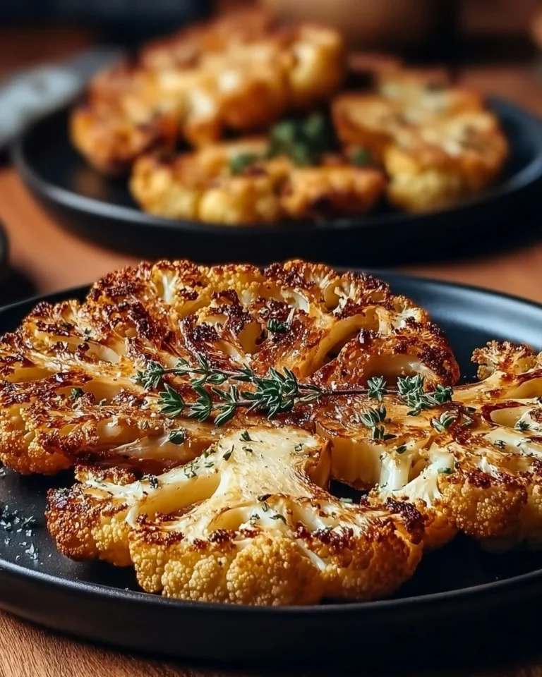 Crispy baked cauliflower steaks served on a plate with herbs and spices.