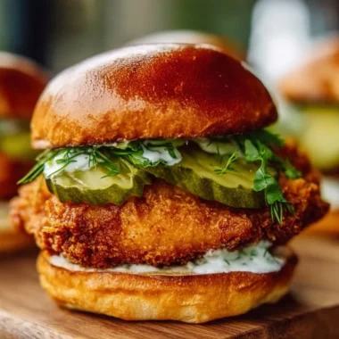 Crispy dill chicken sandwich served with homemade aioli on a plate.