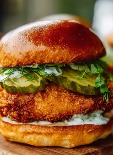 Crispy dill chicken sandwich served with homemade aioli on a plate.
