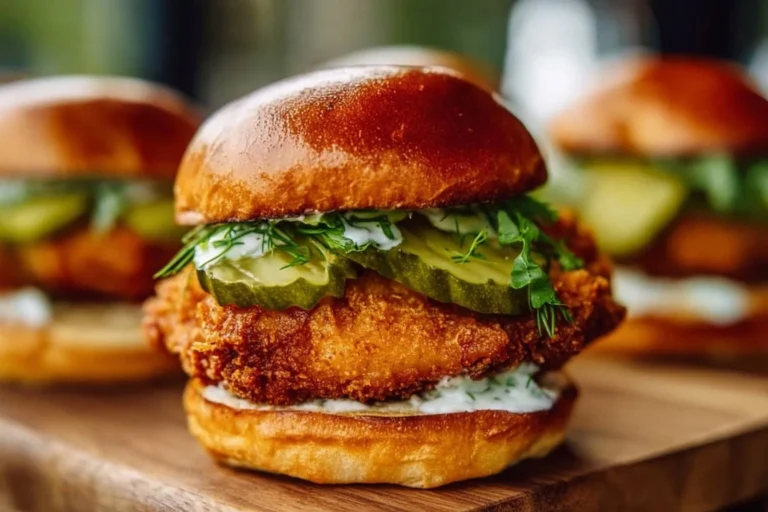 Crispy dill chicken sandwich served with homemade aioli on a plate.