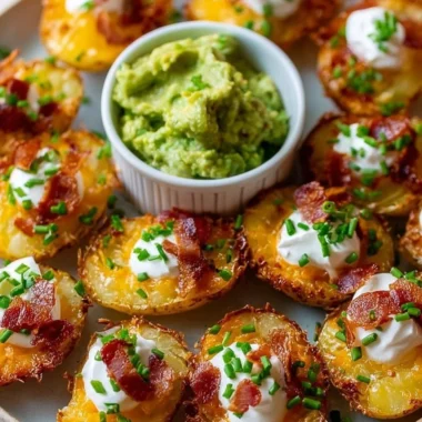 Delicious crunchy mini potato skins topped with cheese and bacon