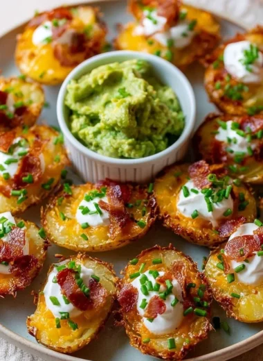 Delicious crunchy mini potato skins topped with cheese and bacon