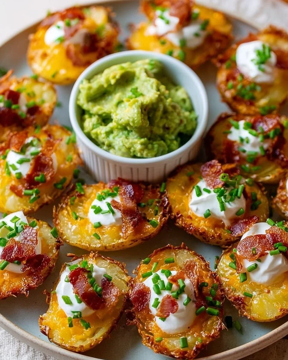 Delicious crunchy mini potato skins topped with cheese and bacon