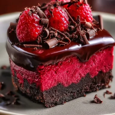 Decadent dark chocolate raspberry cheesecake topped with fresh raspberries