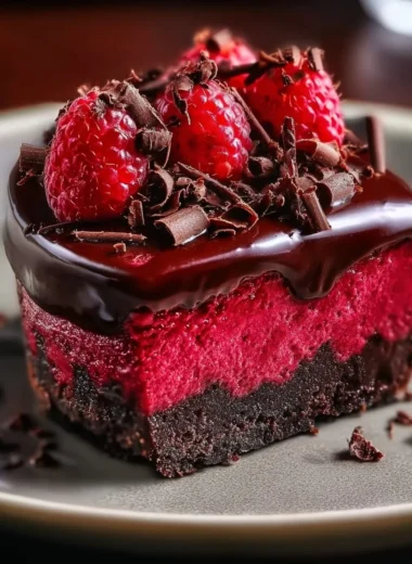 Decadent dark chocolate raspberry cheesecake topped with fresh raspberries