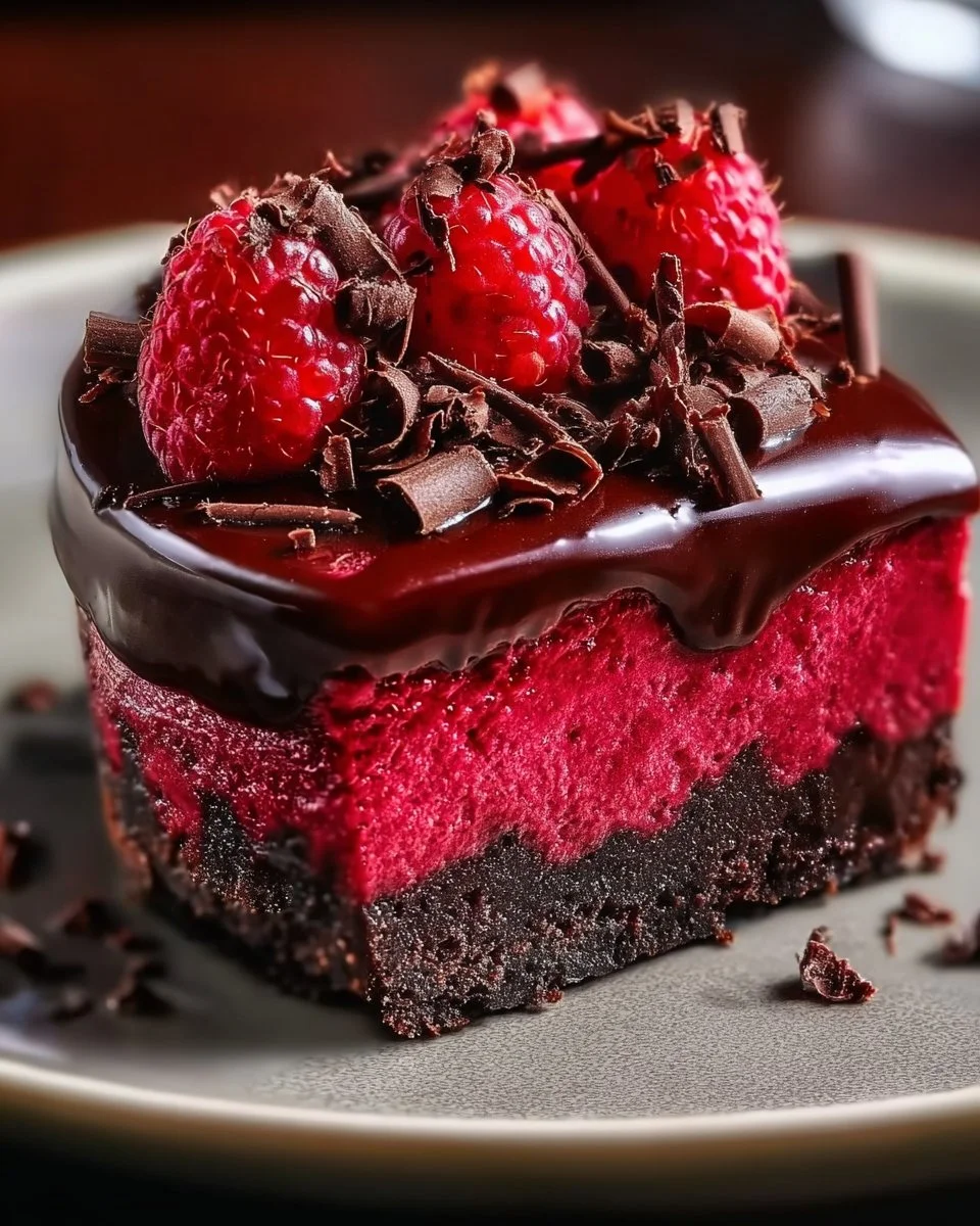 Decadent dark chocolate raspberry cheesecake topped with fresh raspberries
