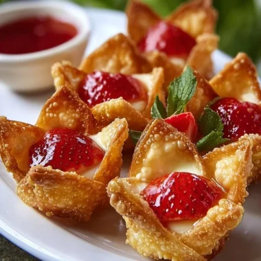 Deep-fried strawberry cheesecake stuffed wonton bites ready to enjoy
