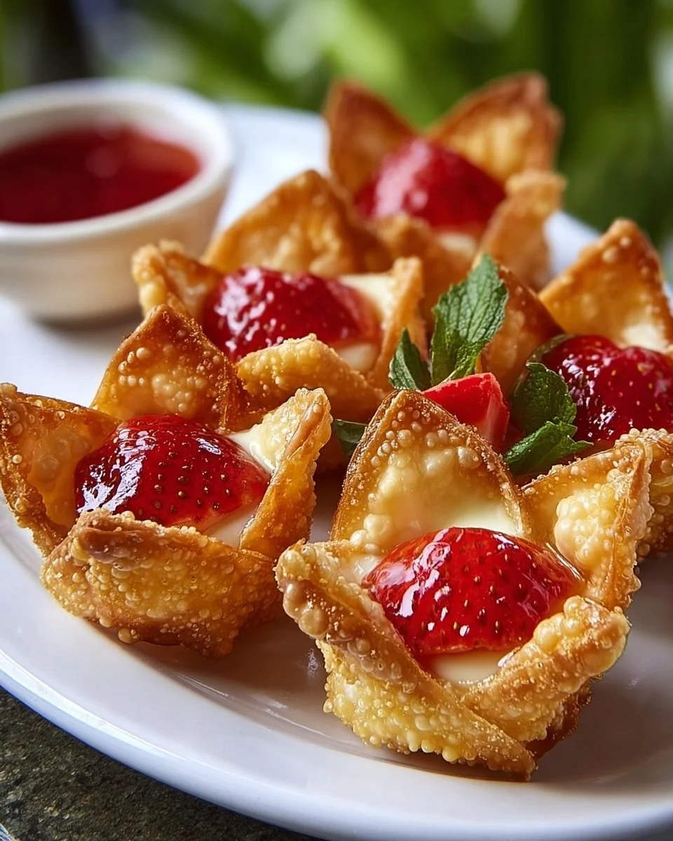 Deep-fried strawberry cheesecake stuffed wonton bites ready to enjoy