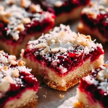 Delicious raspberry coconut magic bars stacked on a plate