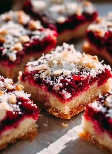Delicious raspberry coconut magic bars stacked on a plate