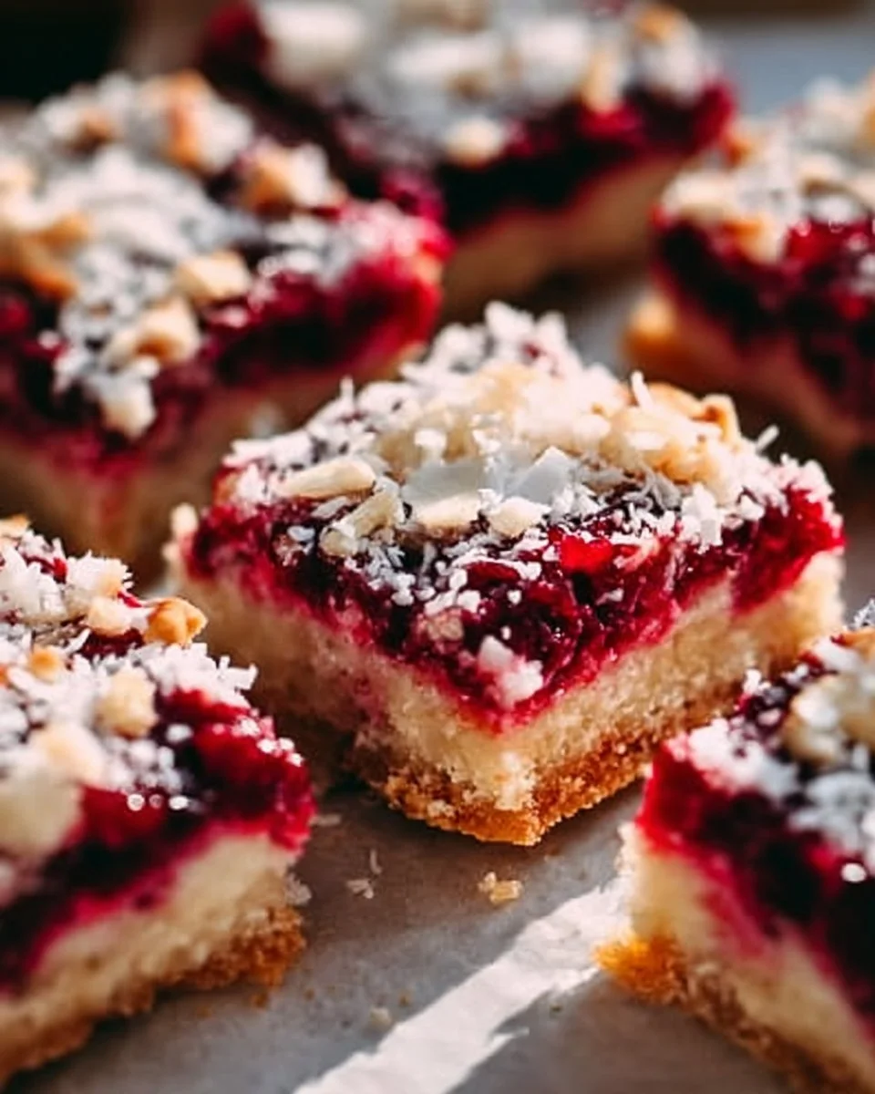 Delicious raspberry coconut magic bars stacked on a plate