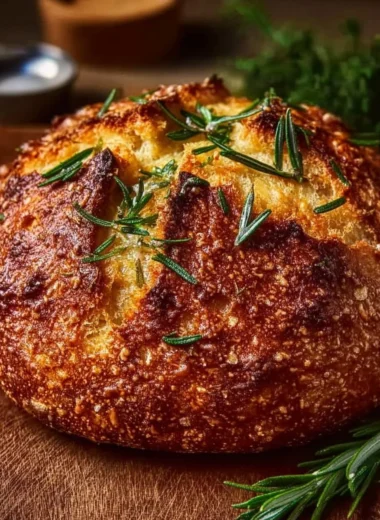 Freshly baked Easy Artisan Parmesan Garlic Bread topped with herbs and cheese