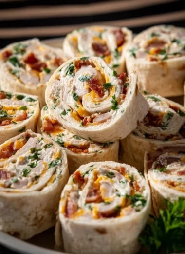 Easy Chicken Bacon Ranch pinwheels ready to serve as a tasty appetizer.