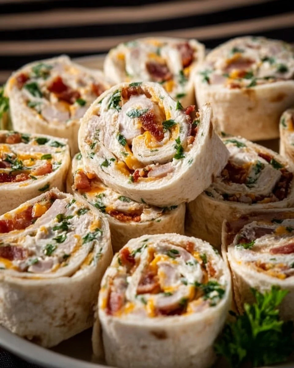 Easy Chicken Bacon Ranch pinwheels ready to serve as a tasty appetizer.