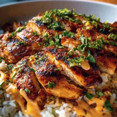 Creamy Cajun chicken and rice bowl garnished with herbs