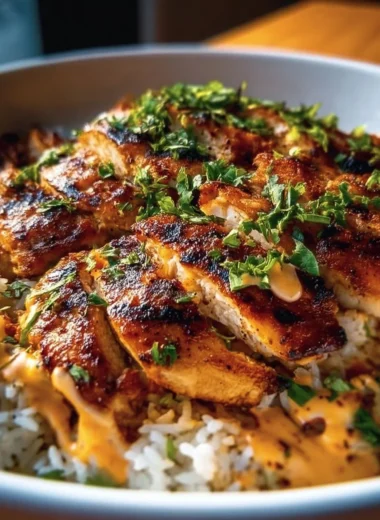 Creamy Cajun chicken and rice bowl garnished with herbs