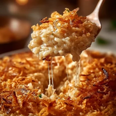 Baked French Onion Chicken with rice and cheese in a casserole dish