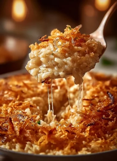 Baked French Onion Chicken with rice and cheese in a casserole dish