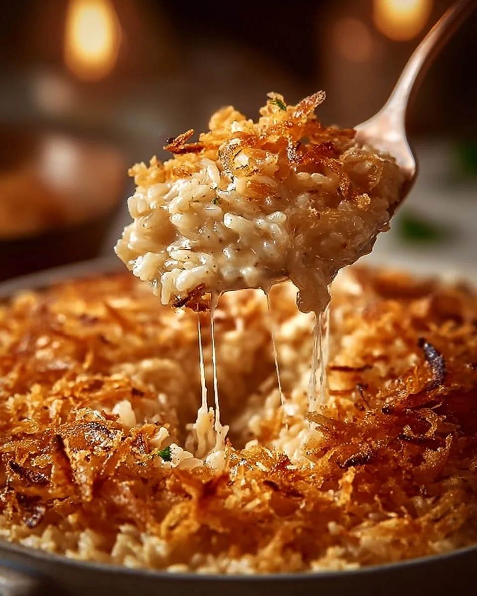 Baked French Onion Chicken with rice and cheese in a casserole dish