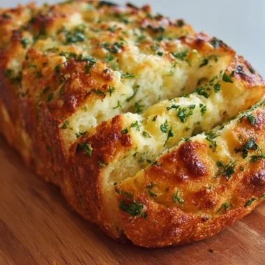Homemade garlic herb cheese bread loaves on a wooden cutting board