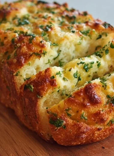 Homemade garlic herb cheese bread loaves on a wooden cutting board