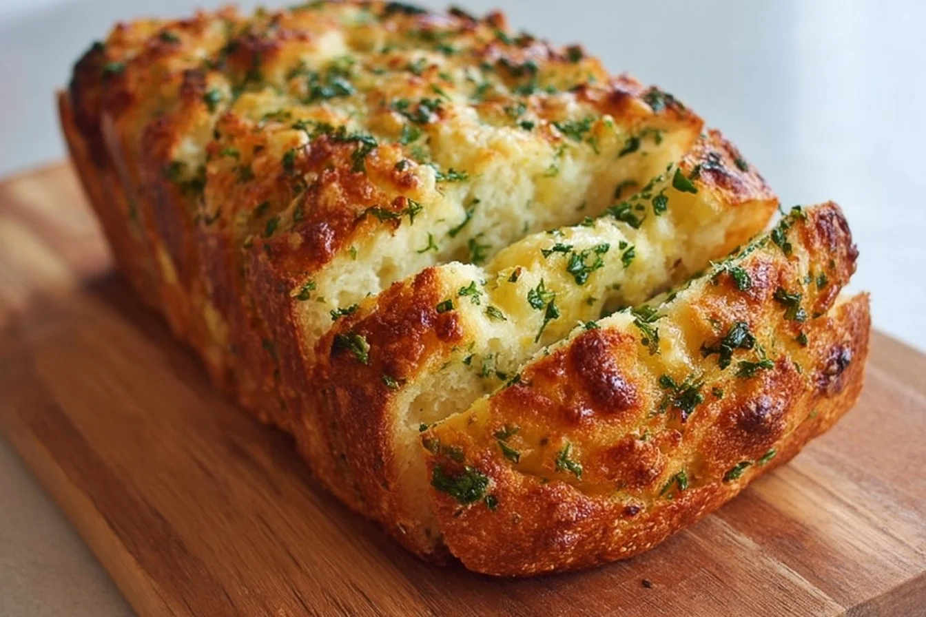 Homemade garlic herb cheese bread loaves on a wooden cutting board