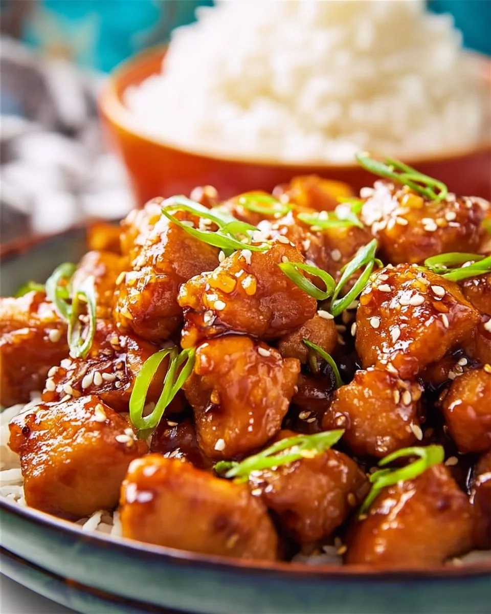 Delicious honey garlic chicken cooking in a skillet with vegetables.
