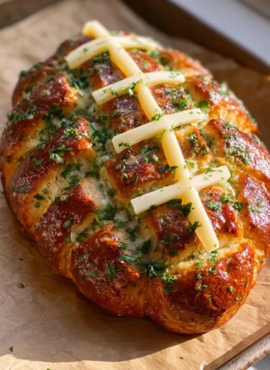 Football shaped cheesy stuffed garlic pull apart bread, perfect for sharing.