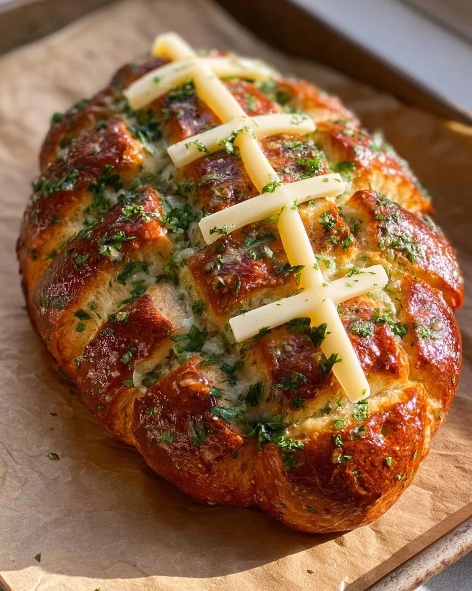 Football shaped cheesy stuffed garlic pull apart bread, perfect for sharing.