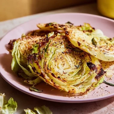 Garlic oven roasted cabbage steaks on a plate garnished with herbs