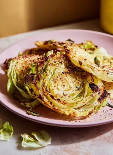 Garlic oven roasted cabbage steaks on a plate garnished with herbs