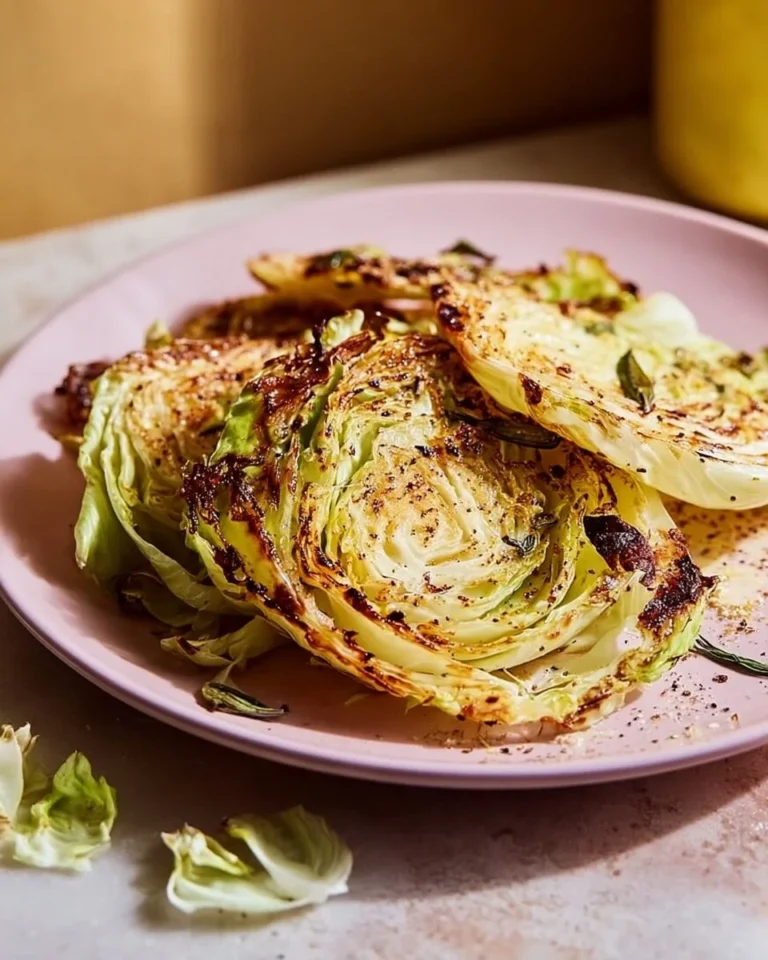 Garlic oven roasted cabbage steaks on a plate garnished with herbs