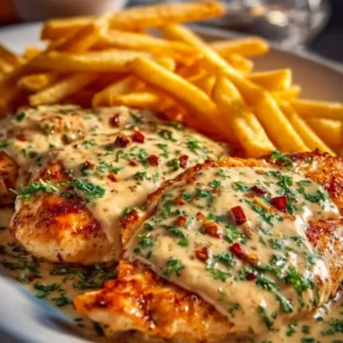 Delicious Garlic Parmesan Chicken plated with herbs and pasta.
