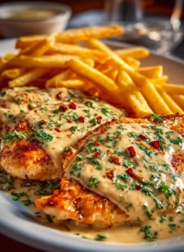 Delicious Garlic Parmesan Chicken plated with herbs and pasta.