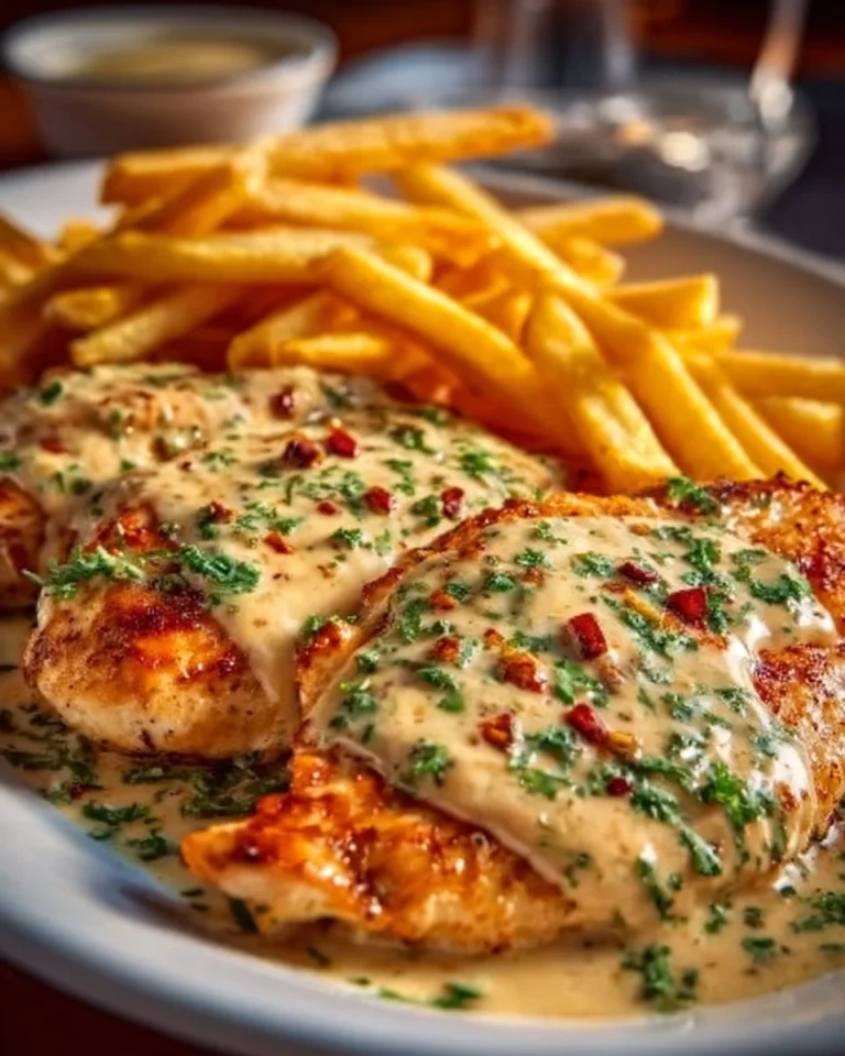 Delicious Garlic Parmesan Chicken plated with herbs and pasta.