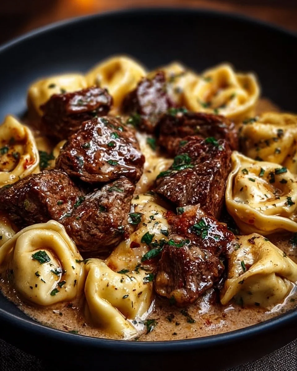 Garlic Steak Tortellini dish with tender steak and pasta in garlic sauce