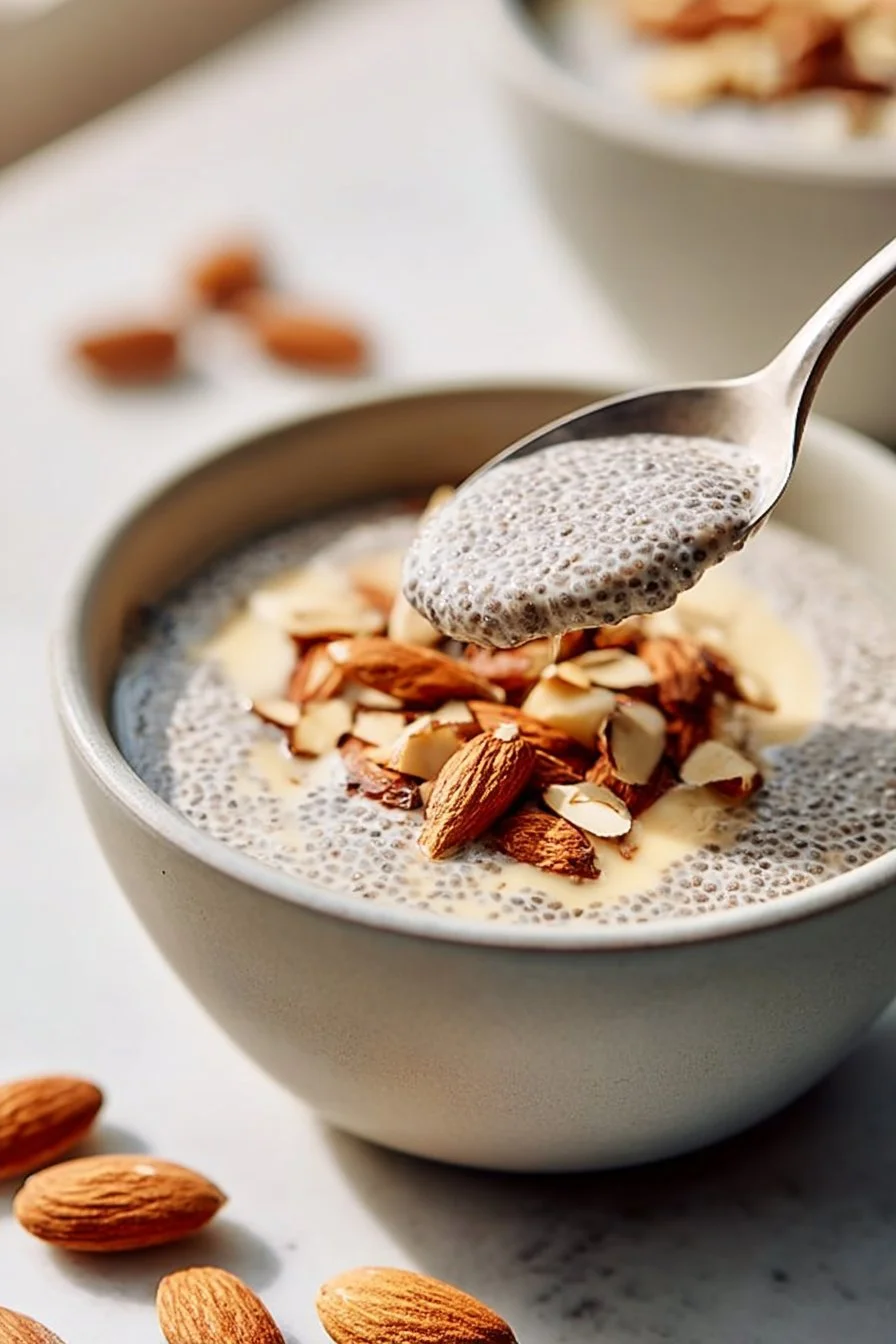 Gluten-free almond butter chia seed pudding topped with fresh berries