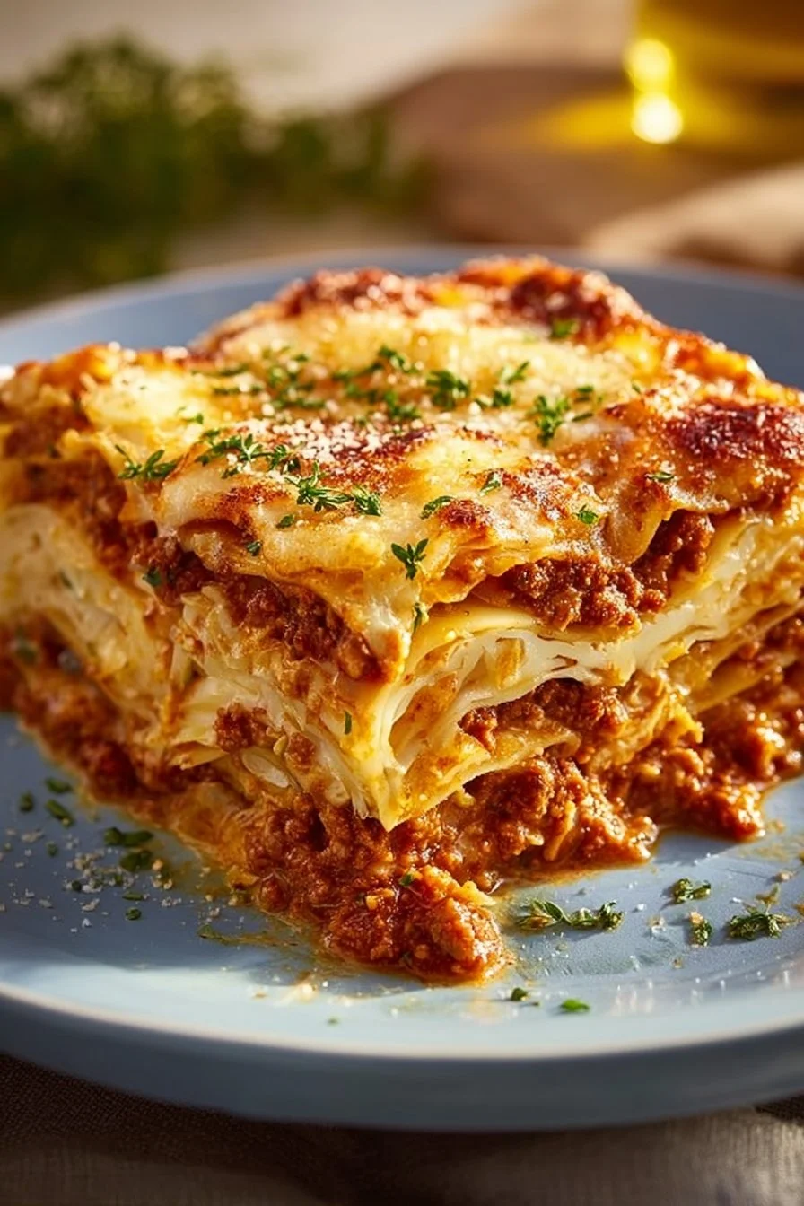 Homemade cabbage casserole dish topped with melted cheese