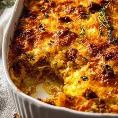 Homemade cabbage casserole with ground beef served in a casserole dish.