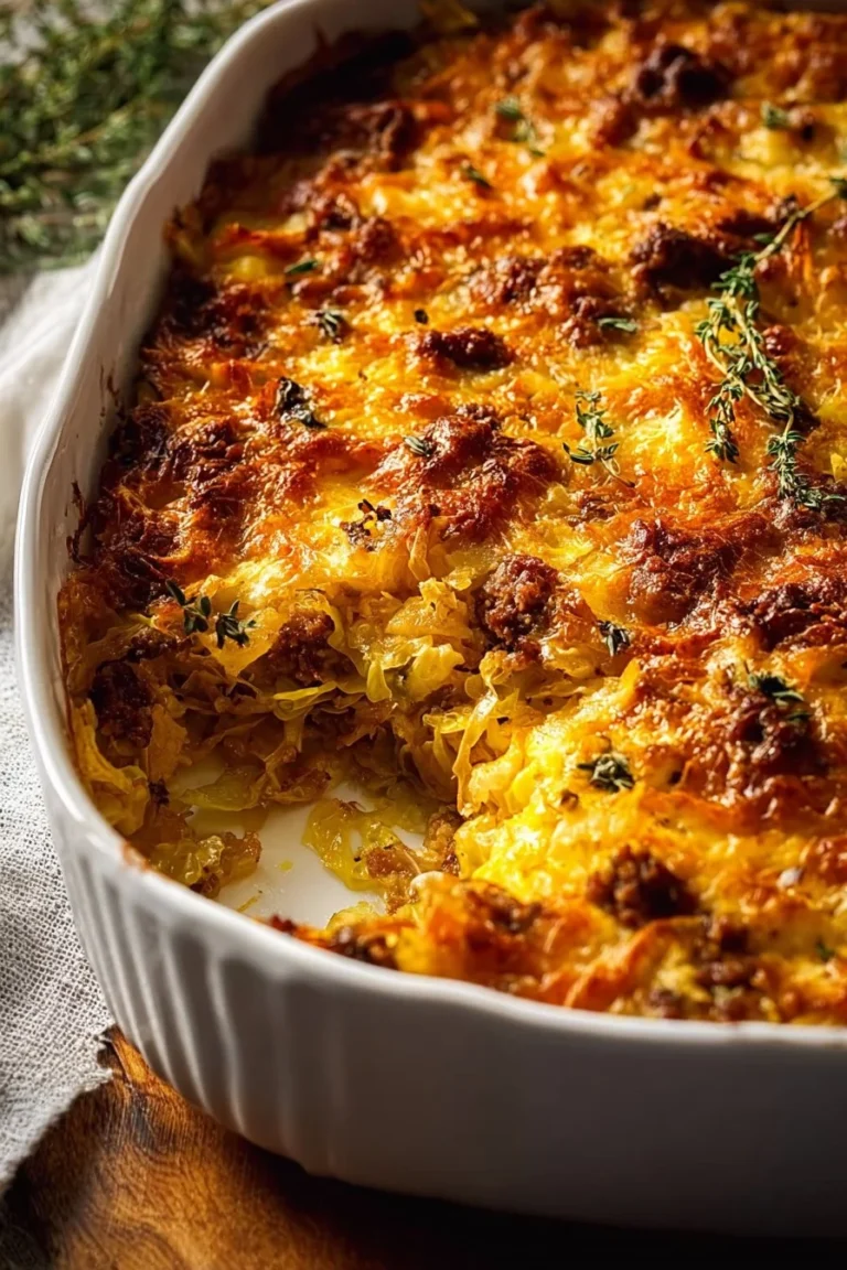 Homemade cabbage casserole with ground beef served in a casserole dish.