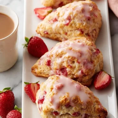 Homemade strawberry scones drizzled with strawberry glaze on a wooden table.