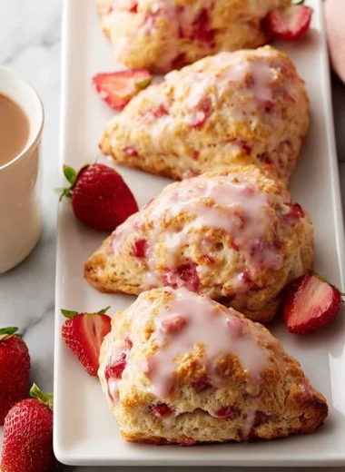 Homemade strawberry scones drizzled with strawberry glaze on a wooden table.