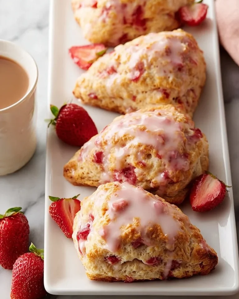Homemade strawberry scones drizzled with strawberry glaze on a wooden table.