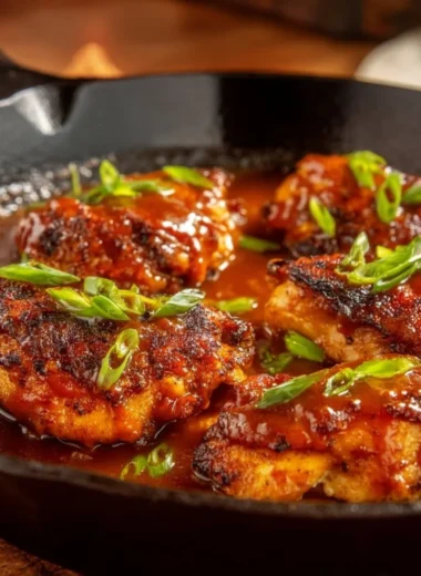 Delicious Honey Garlic Chicken Thighs garnished with herbs