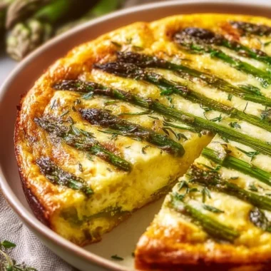 Crustless asparagus quiche served on a plate, garnished with fresh herbs.