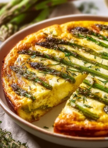 Crustless asparagus quiche served on a plate, garnished with fresh herbs.