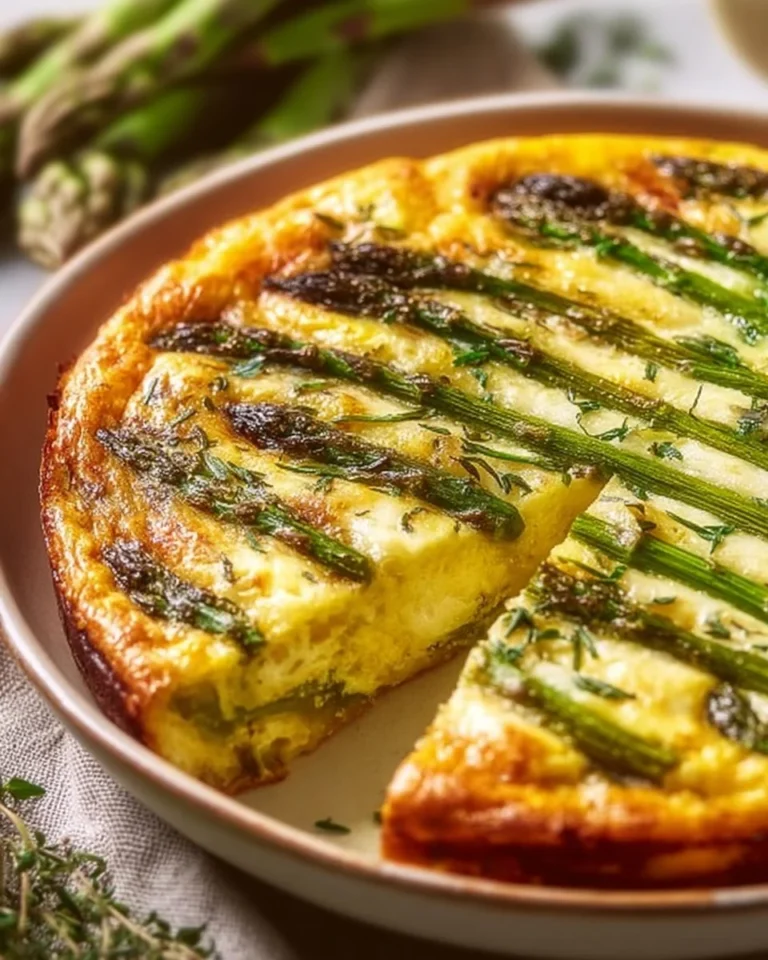 Crustless asparagus quiche served on a plate, garnished with fresh herbs.
